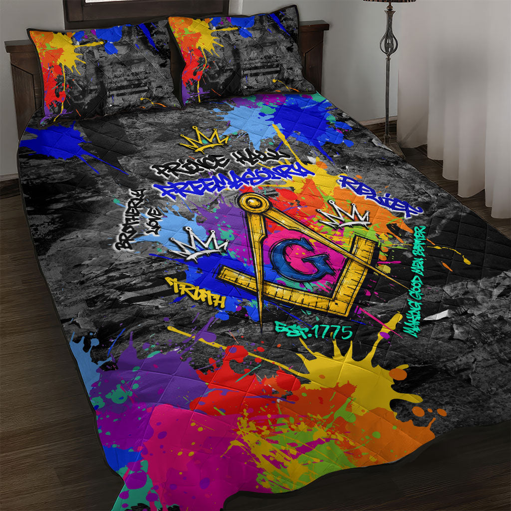 Prince Hall Freemasonry Quilt Bed Set Colorful Graffiti Paint Splatter On Urban Stone Wall