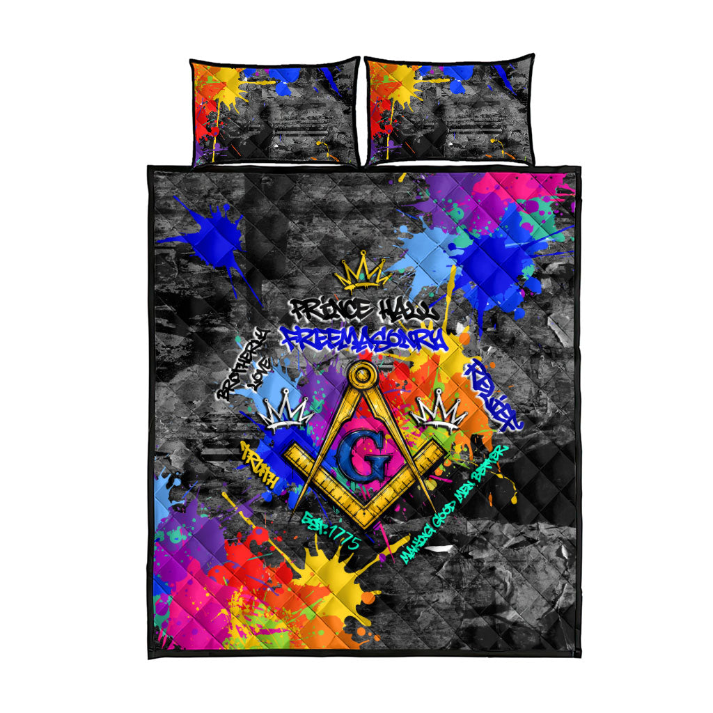 Prince Hall Freemasonry Quilt Bed Set Colorful Graffiti Paint Splatter On Urban Stone Wall