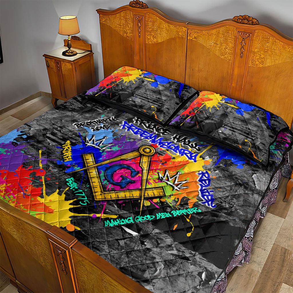 Prince Hall Freemasonry Quilt Bed Set Colorful Graffiti Paint Splatter On Urban Stone Wall