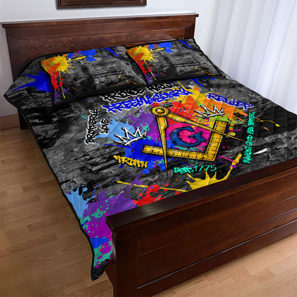 Prince Hall Freemasonry Quilt Bed Set Colorful Graffiti Paint Splatter On Urban Stone Wall