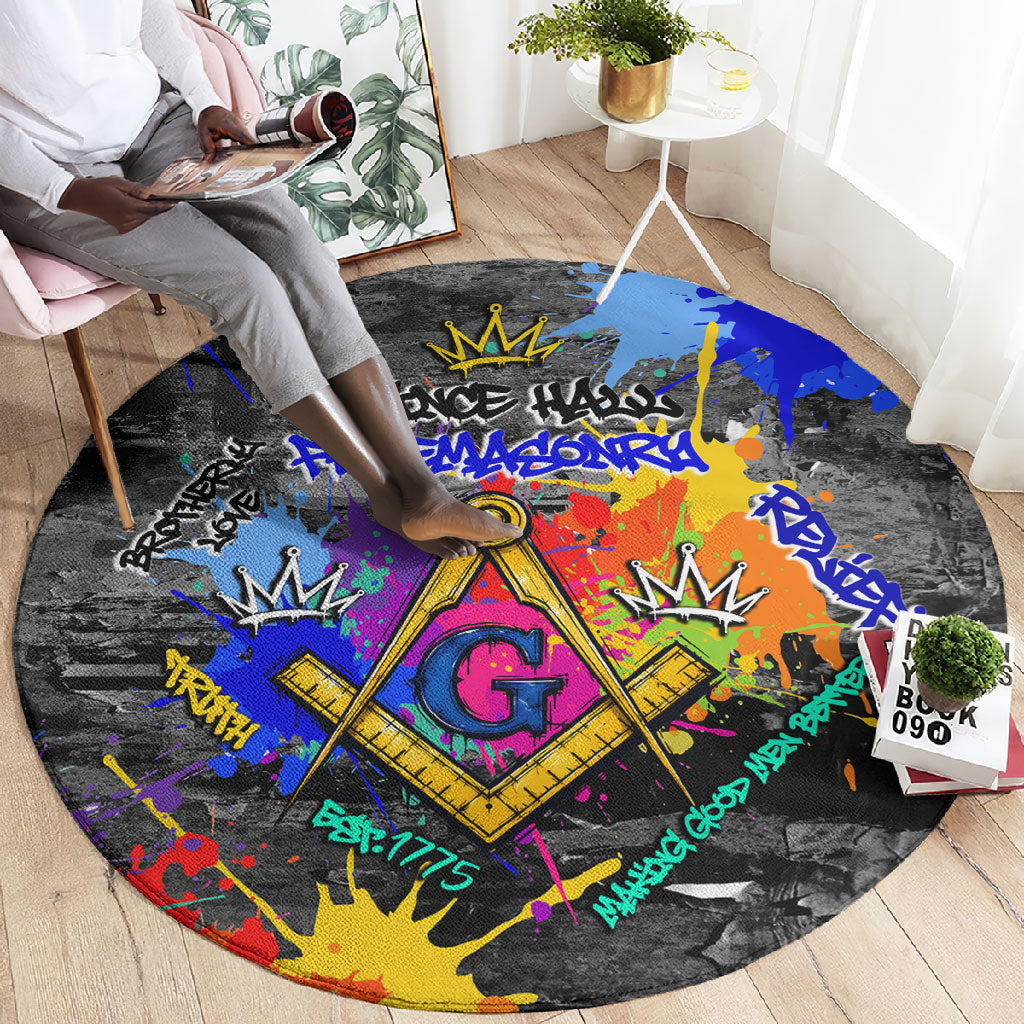 Prince Hall Freemasonry Round Carpet Colorful Graffiti Paint Splatter On Urban Stone Wall