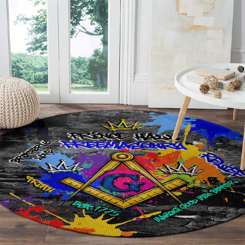 Prince Hall Freemasonry Round Carpet Colorful Graffiti Paint Splatter On Urban Stone Wall