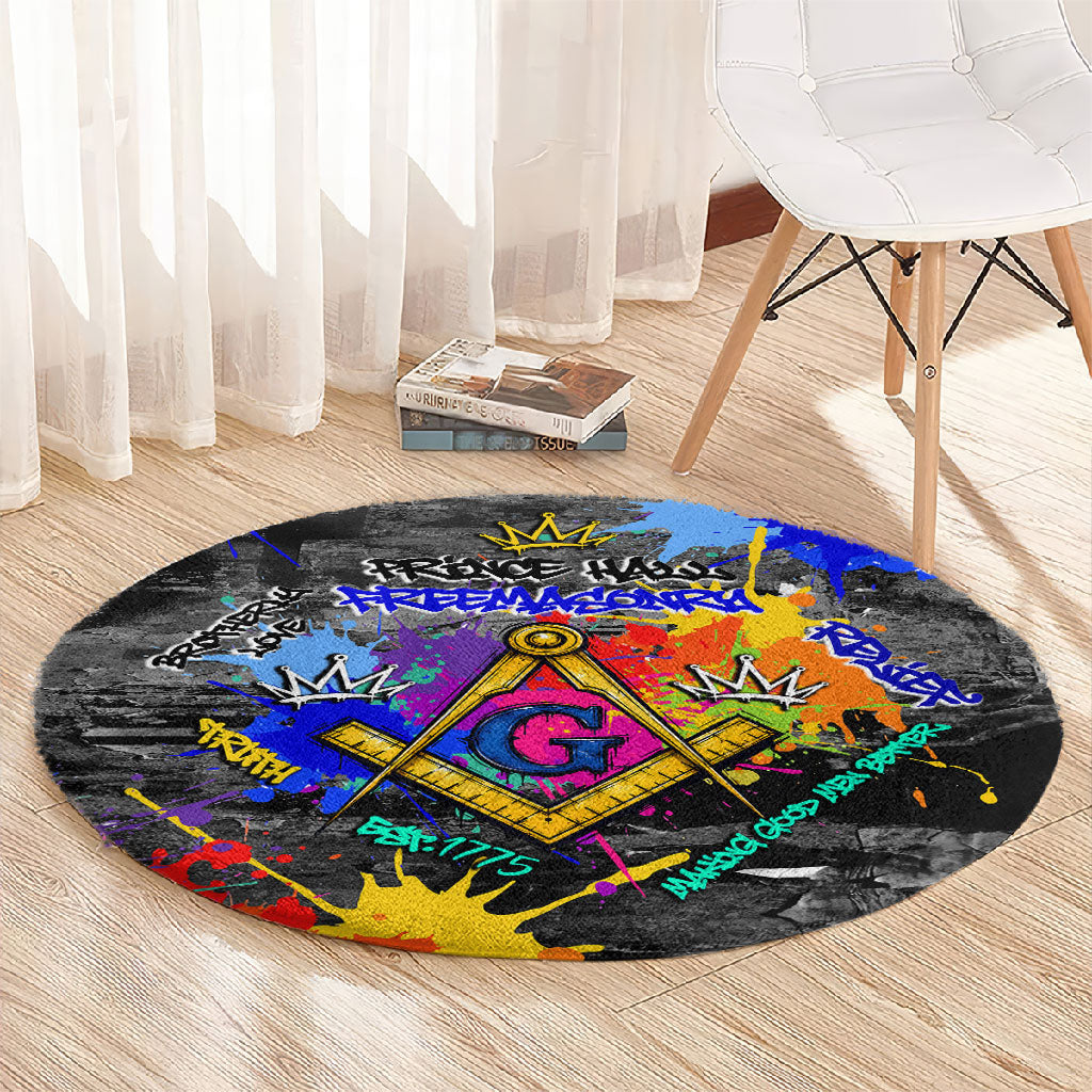 Prince Hall Freemasonry Round Carpet Colorful Graffiti Paint Splatter On Urban Stone Wall