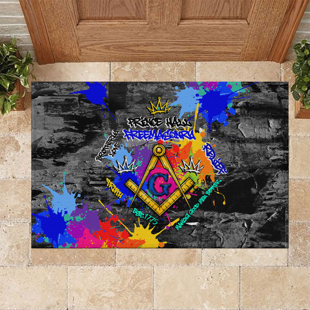 Prince Hall Freemasonry Rubber Doormat Colorful Graffiti Paint Splatter On Urban Stone Wall