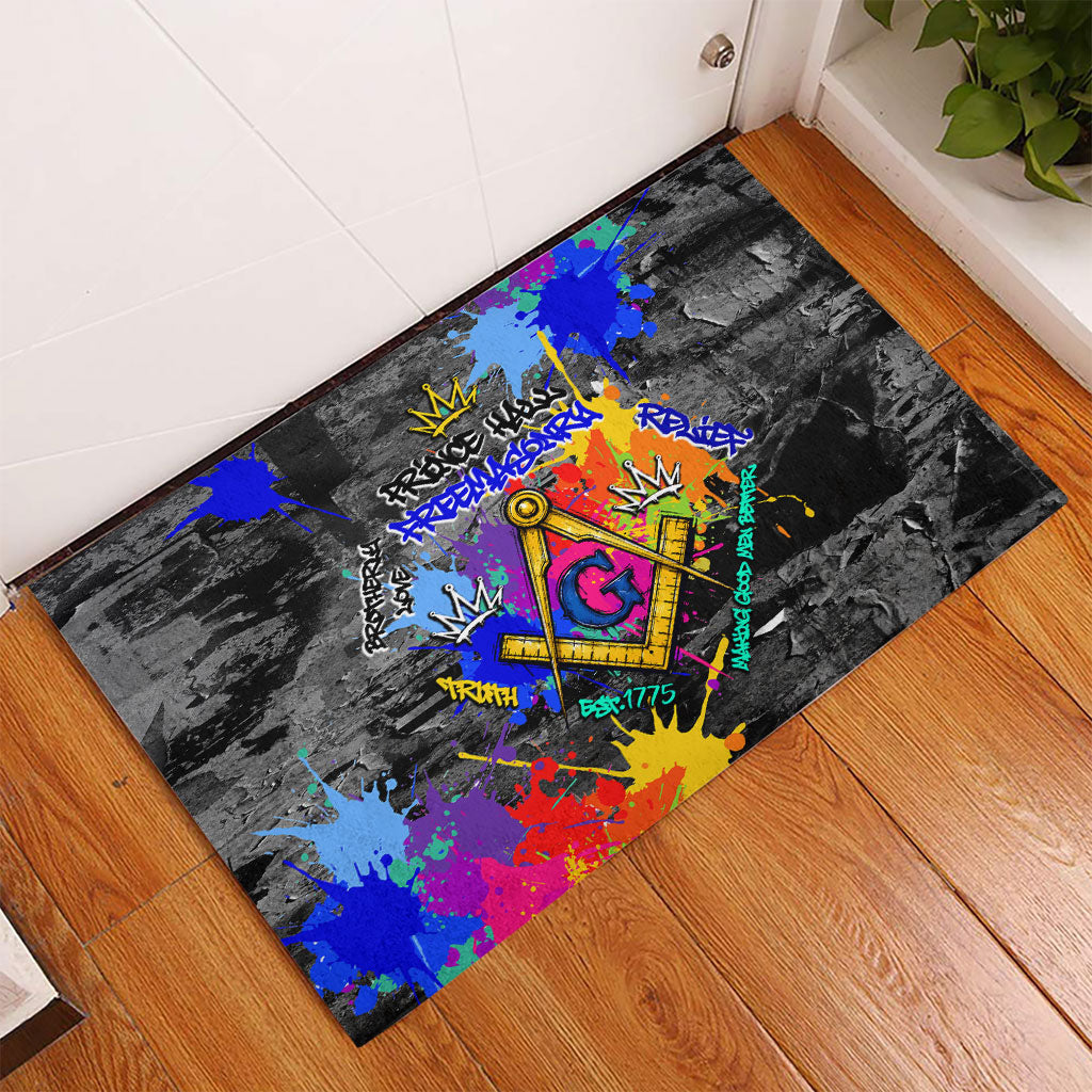 Prince Hall Freemasonry Rubber Doormat Colorful Graffiti Paint Splatter On Urban Stone Wall