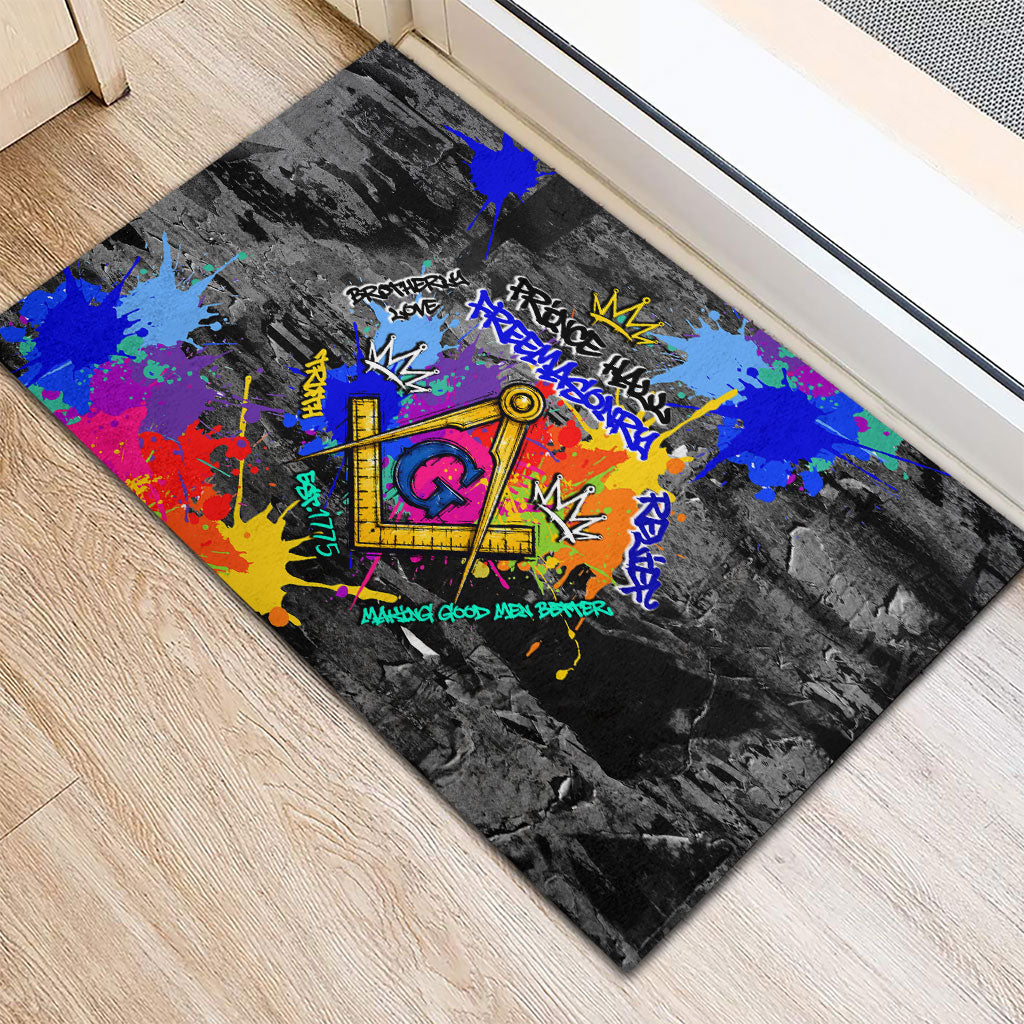 Prince Hall Freemasonry Rubber Doormat Colorful Graffiti Paint Splatter On Urban Stone Wall