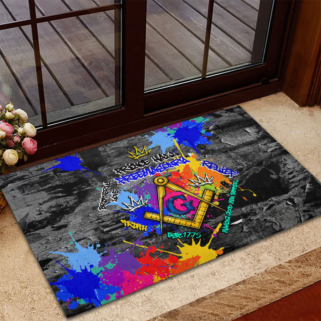 Prince Hall Freemasonry Rubber Doormat Colorful Graffiti Paint Splatter On Urban Stone Wall