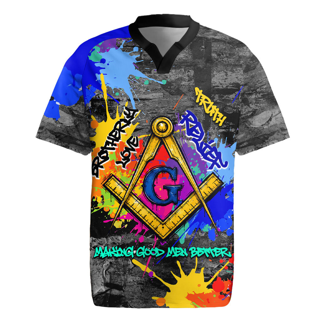 Prince Hall Freemasonry Rugby Jersey Colorful Graffiti Paint Splatter On Urban Stone Wall
