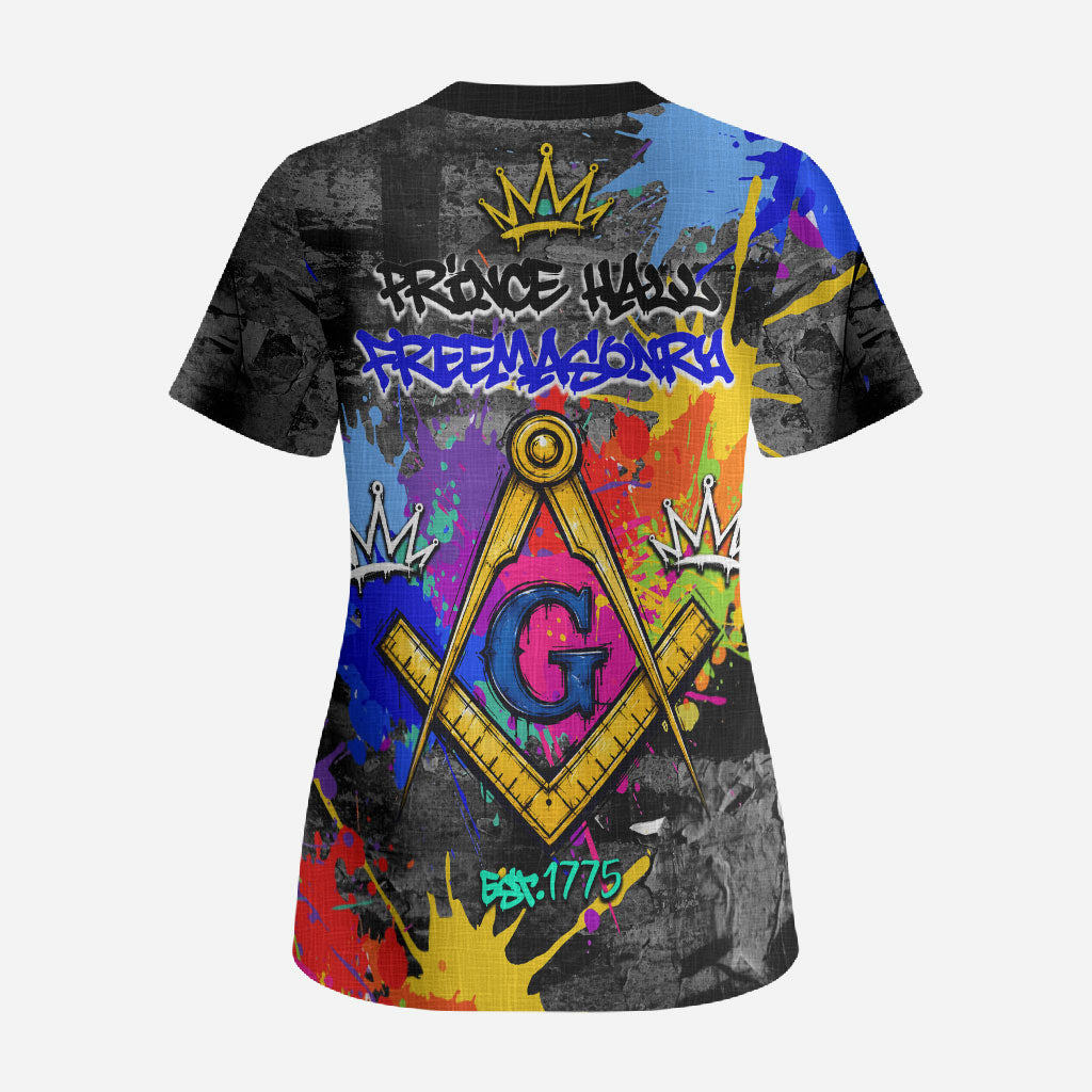 Prince Hall Freemasonry Scrub Top Colorful Graffiti Paint Splatter On Urban Stone Wall
