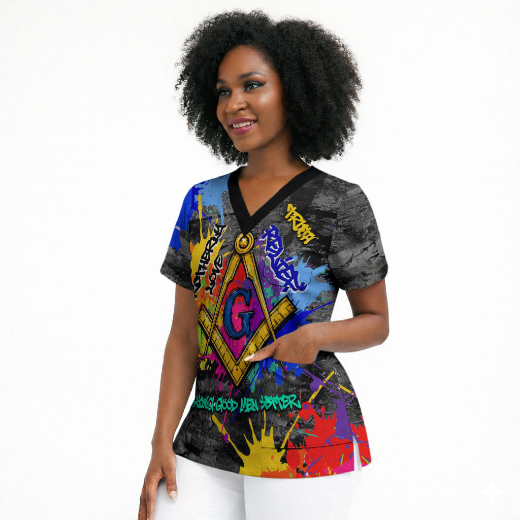 Prince Hall Freemasonry Scrub Top Colorful Graffiti Paint Splatter On Urban Stone Wall