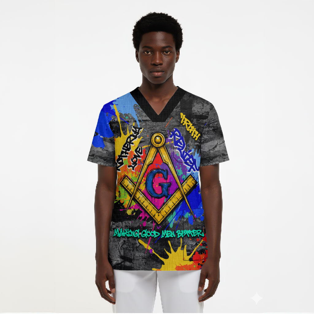 Prince Hall Freemasonry Scrub Top Colorful Graffiti Paint Splatter On Urban Stone Wall