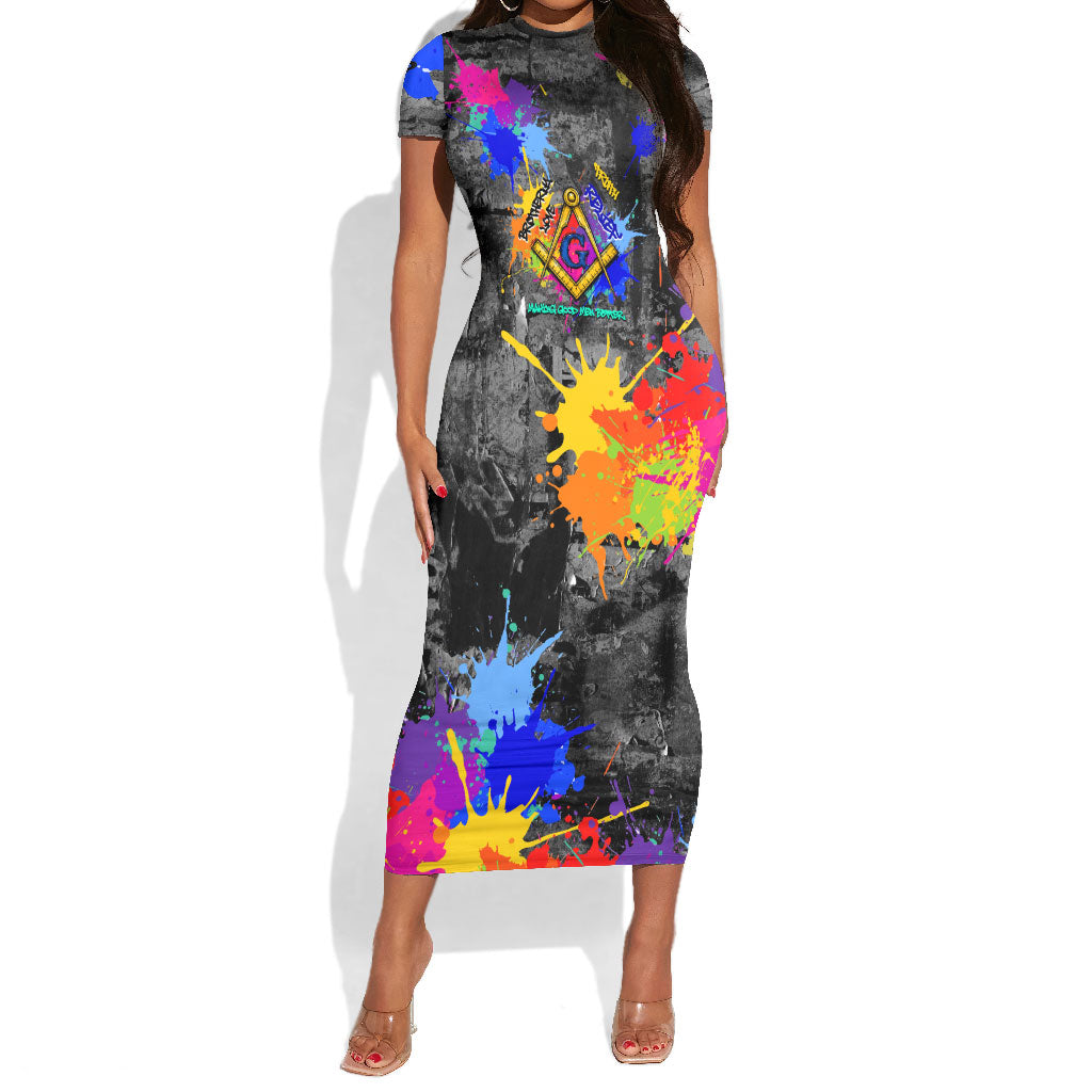 Prince Hall Freemasonry Short Sleeve Bodycon Dress Colorful Graffiti Paint Splatter On Urban Stone Wall