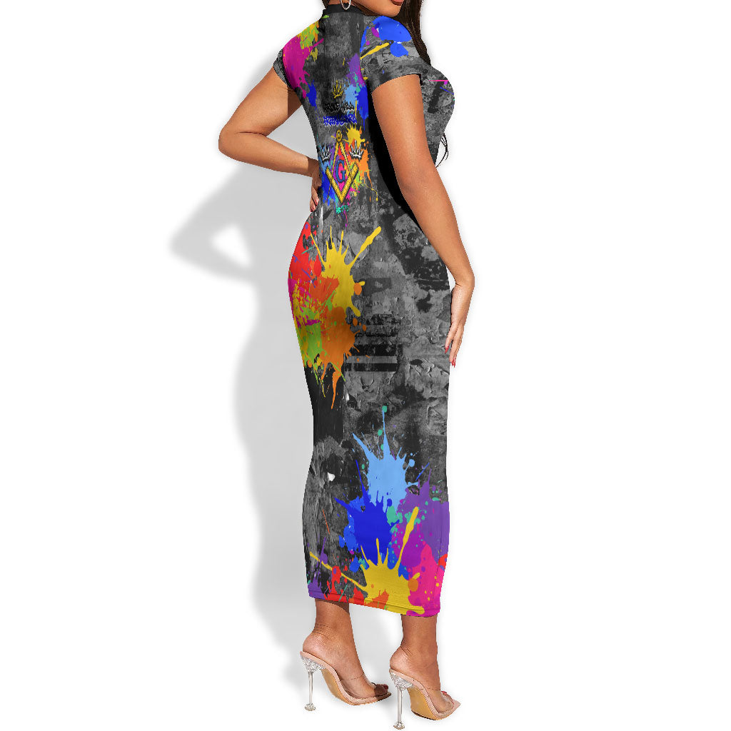 Prince Hall Freemasonry Short Sleeve Bodycon Dress Colorful Graffiti Paint Splatter On Urban Stone Wall