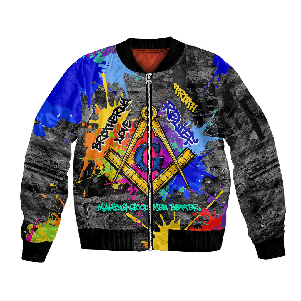Prince Hall Freemasonry Sleeve Zip Bomber Jacket Colorful Graffiti Paint Splatter On Urban Stone Wall