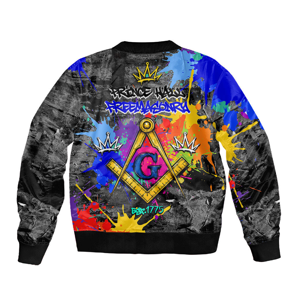 Prince Hall Freemasonry Sleeve Zip Bomber Jacket Colorful Graffiti Paint Splatter On Urban Stone Wall