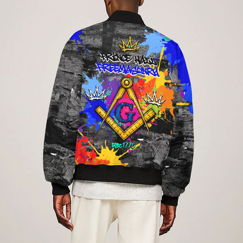 Prince Hall Freemasonry Sleeve Zip Bomber Jacket Colorful Graffiti Paint Splatter On Urban Stone Wall