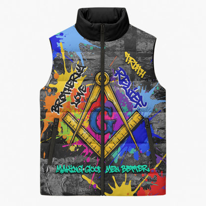 Prince Hall Freemasonry Sleeveless Puffer Jacket Colorful Graffiti Paint Splatter On Urban Stone Wall