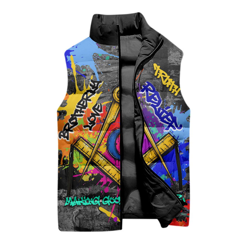 Prince Hall Freemasonry Sleeveless Puffer Jacket Colorful Graffiti Paint Splatter On Urban Stone Wall