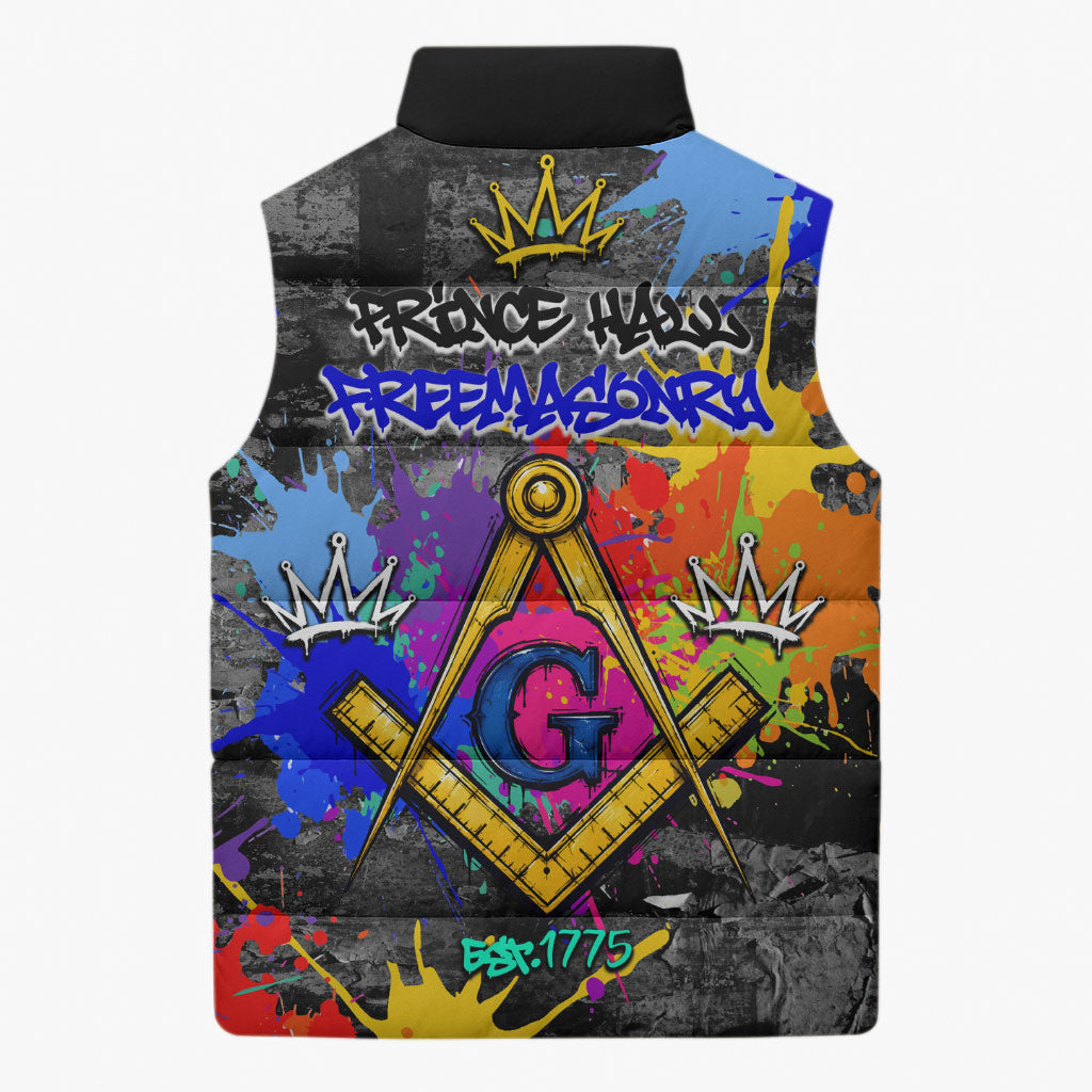 Prince Hall Freemasonry Sleeveless Puffer Jacket Colorful Graffiti Paint Splatter On Urban Stone Wall