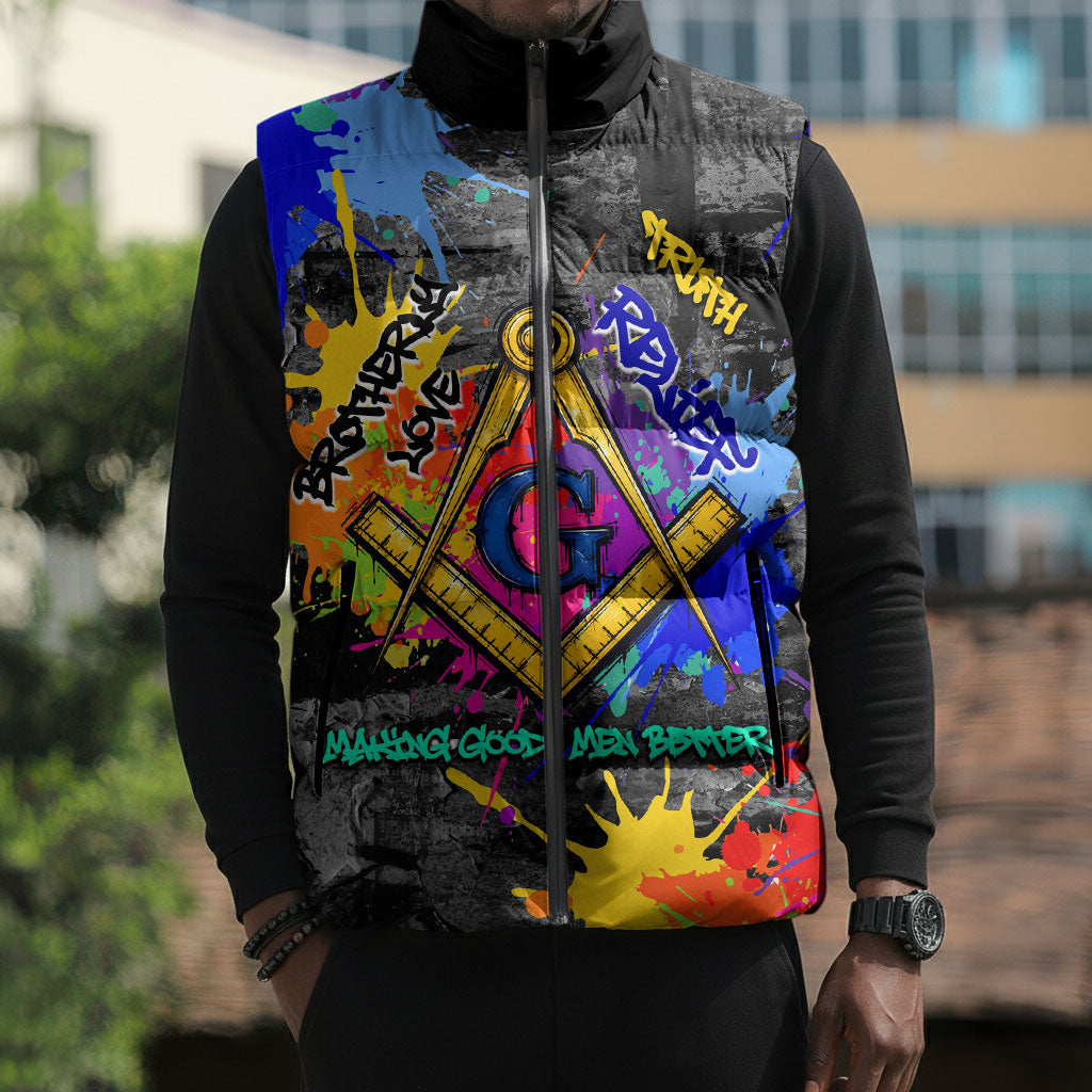 Prince Hall Freemasonry Sleeveless Puffer Jacket Colorful Graffiti Paint Splatter On Urban Stone Wall