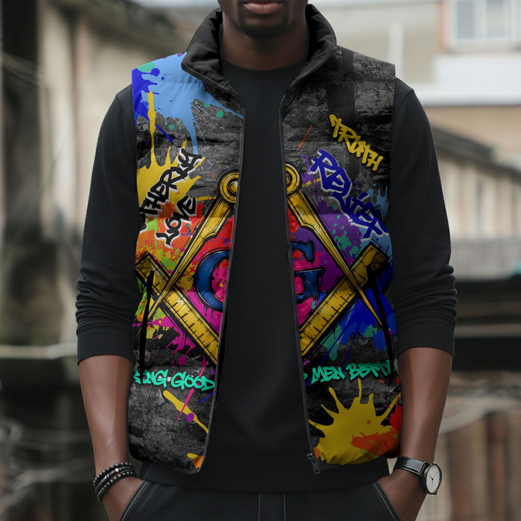 Prince Hall Freemasonry Sleeveless Puffer Jacket Colorful Graffiti Paint Splatter On Urban Stone Wall
