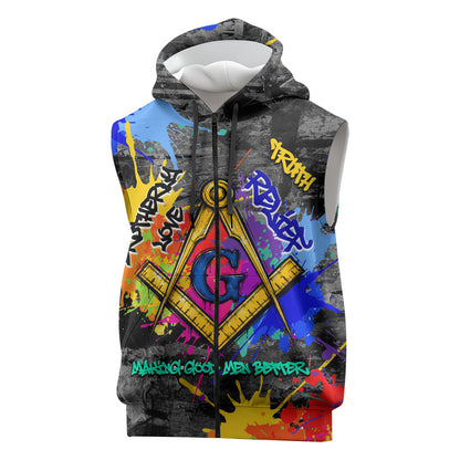 Prince Hall Freemasonry Sleeveless Zip Hoodie Colorful Graffiti Paint Splatter On Urban Stone Wall