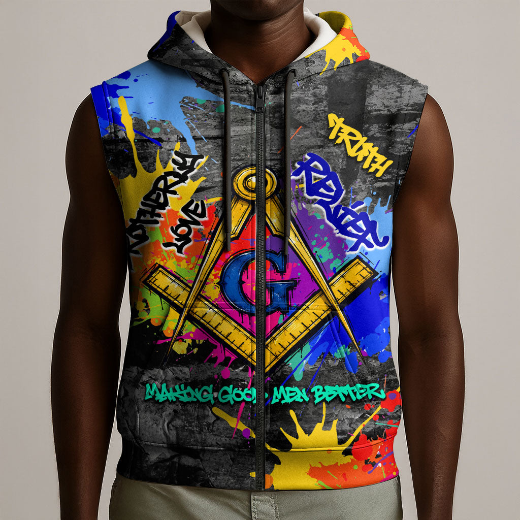 Prince Hall Freemasonry Sleeveless Zip Hoodie Colorful Graffiti Paint Splatter On Urban Stone Wall