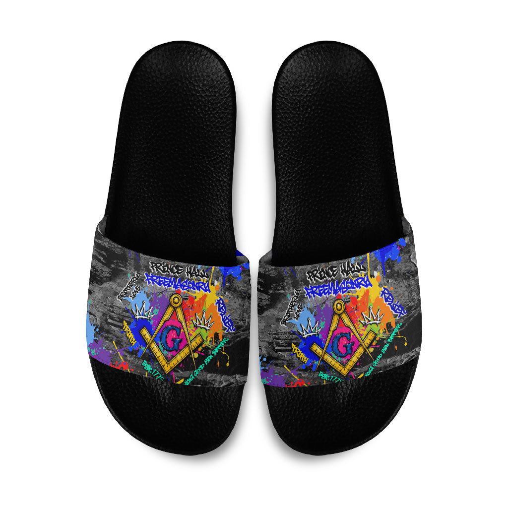 Prince Hall Freemasonry Slide Sandals Colorful Graffiti Paint Splatter On Urban Stone Wall