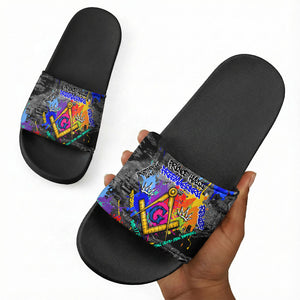 Prince Hall Freemasonry Slide Sandals Colorful Graffiti Paint Splatter On Urban Stone Wall