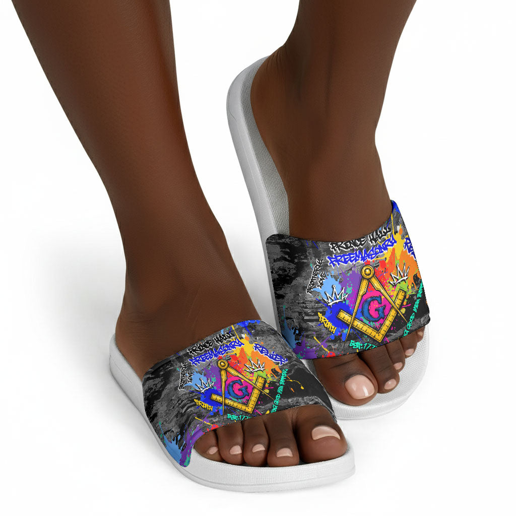 Prince Hall Freemasonry Slide Sandals Colorful Graffiti Paint Splatter On Urban Stone Wall