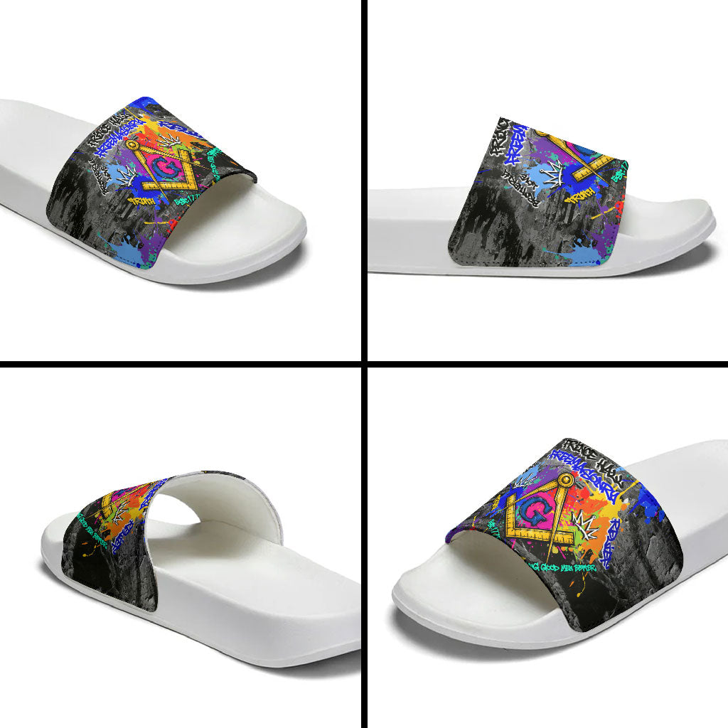 Prince Hall Freemasonry Slide Sandals Colorful Graffiti Paint Splatter On Urban Stone Wall