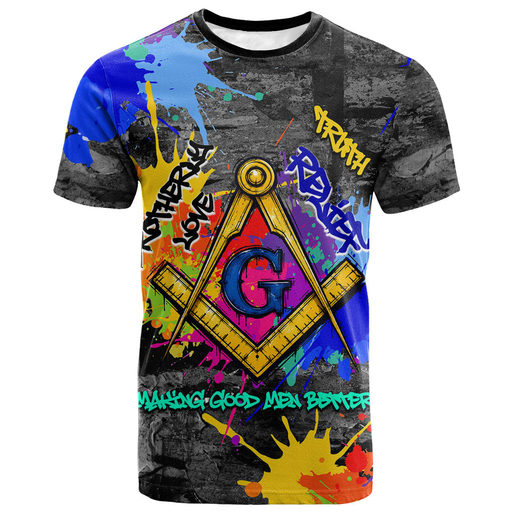 Prince Hall Freemasonry T shirt Colorful Graffiti Paint Splatter On Urban Stone Wall