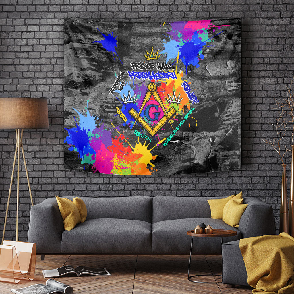 Prince Hall Freemasonry Tapestry Colorful Graffiti Paint Splatter On Urban Stone Wall