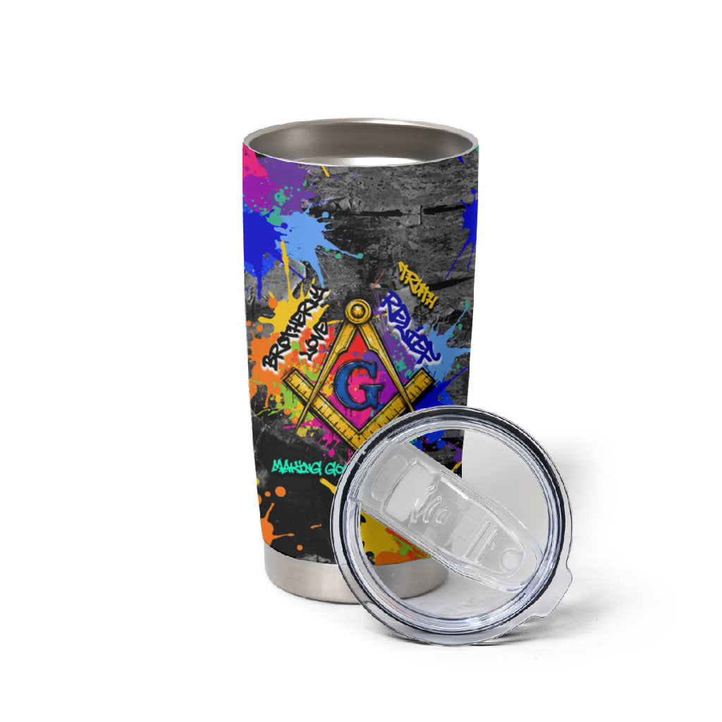 Prince Hall Freemasonry Tumbler Cup Colorful Graffiti Paint Splatter On Urban Stone Wall