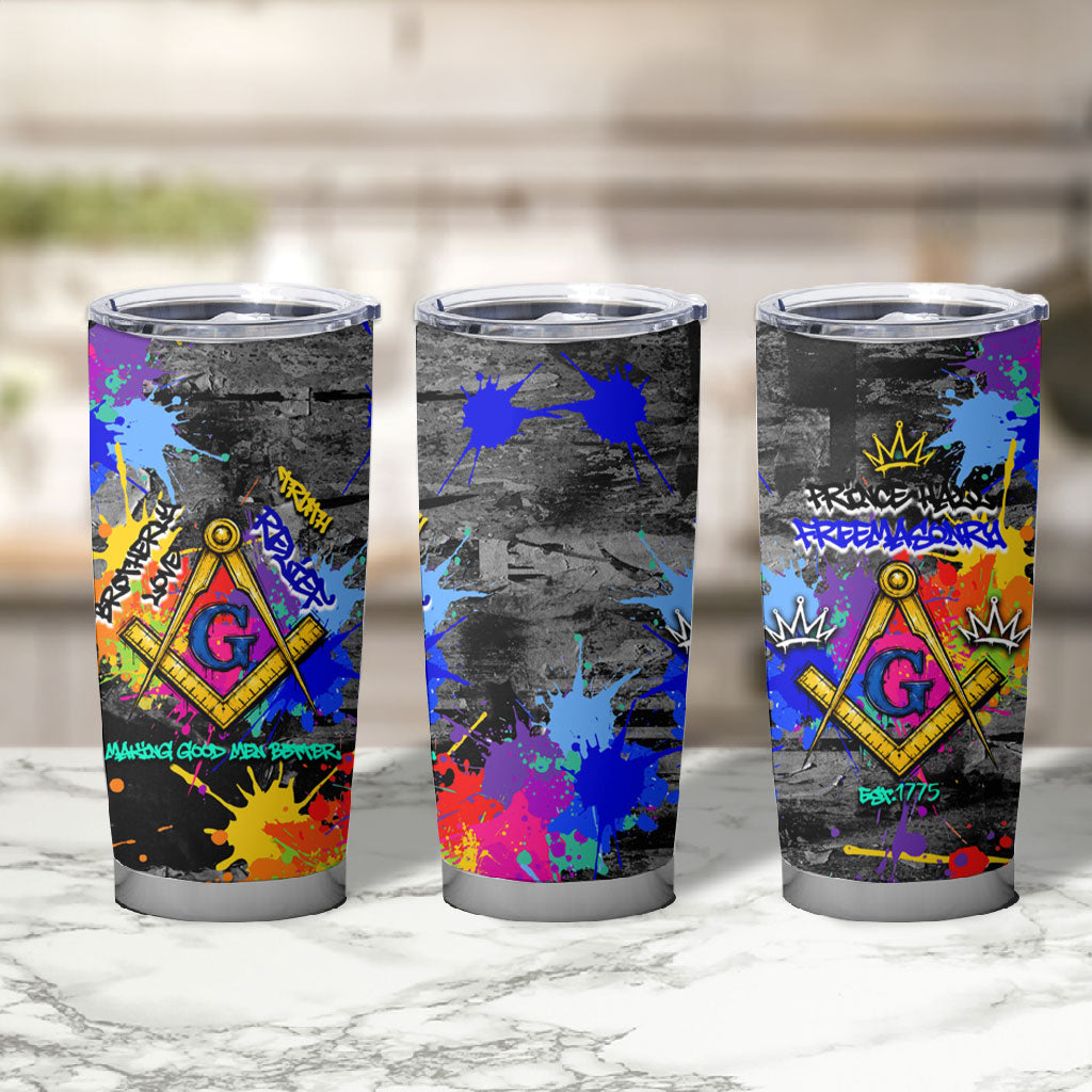 Prince Hall Freemasonry Tumbler Cup Colorful Graffiti Paint Splatter On Urban Stone Wall