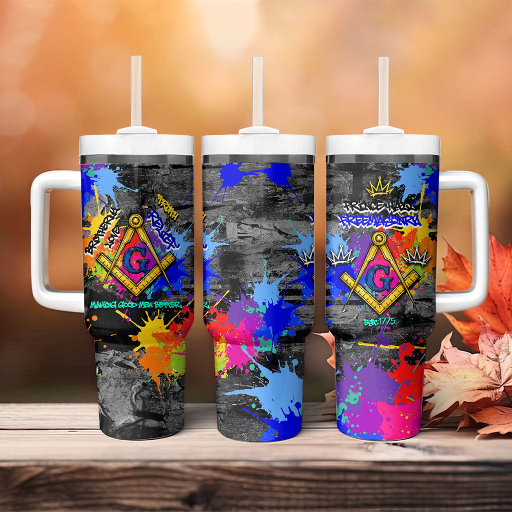 Prince Hall Freemasonry Tumbler With Handle Colorful Graffiti Paint Splatter On Urban Stone Wall