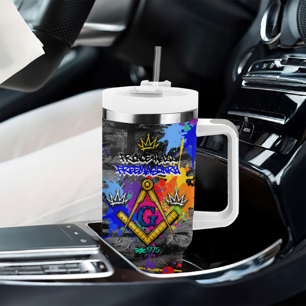 Prince Hall Freemasonry Tumbler With Handle Colorful Graffiti Paint Splatter On Urban Stone Wall