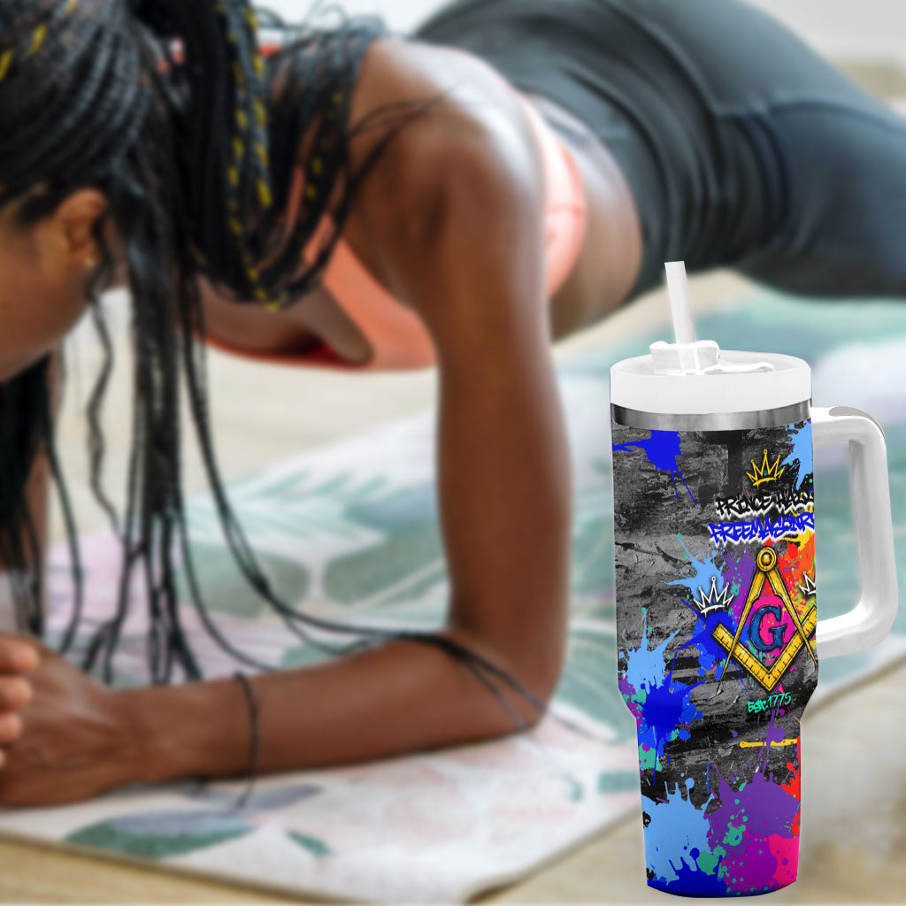 Prince Hall Freemasonry Tumbler With Handle Colorful Graffiti Paint Splatter On Urban Stone Wall