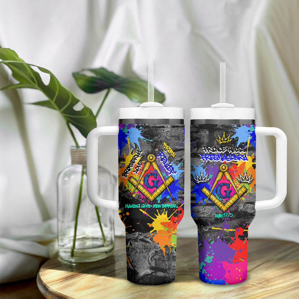 Prince Hall Freemasonry Tumbler With Handle Colorful Graffiti Paint Splatter On Urban Stone Wall