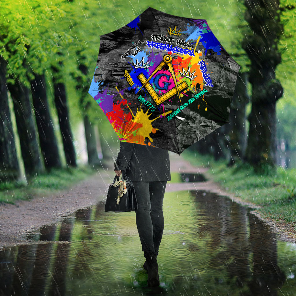 Prince Hall Freemasonry Umbrella Colorful Graffiti Paint Splatter On Urban Stone Wall