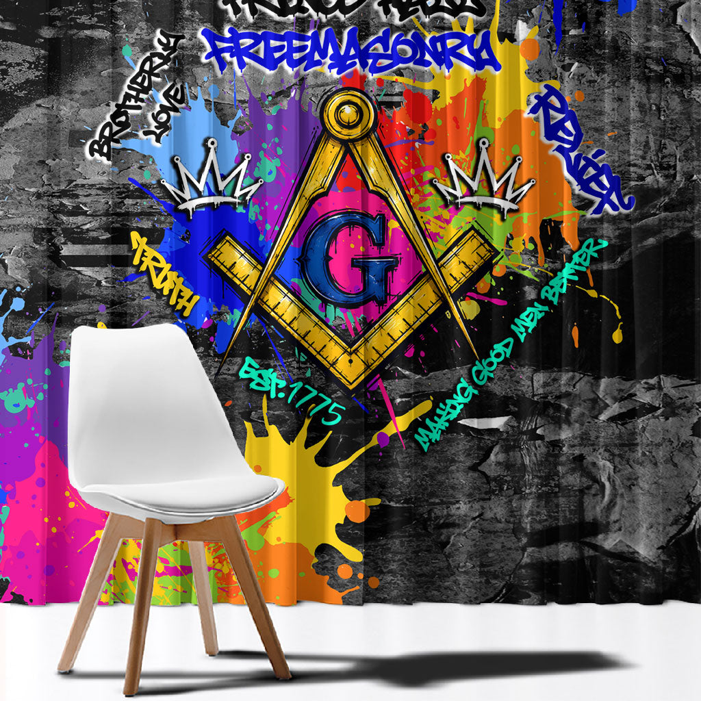 Prince Hall Freemasonry Window Curtain Colorful Graffiti Paint Splatter On Urban Stone Wall