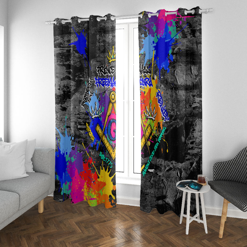 Prince Hall Freemasonry Window Curtain Colorful Graffiti Paint Splatter On Urban Stone Wall