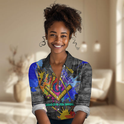 Prince Hall Freemasonry Women Casual Shirt Colorful Graffiti Paint Splatter On Urban Stone Wall