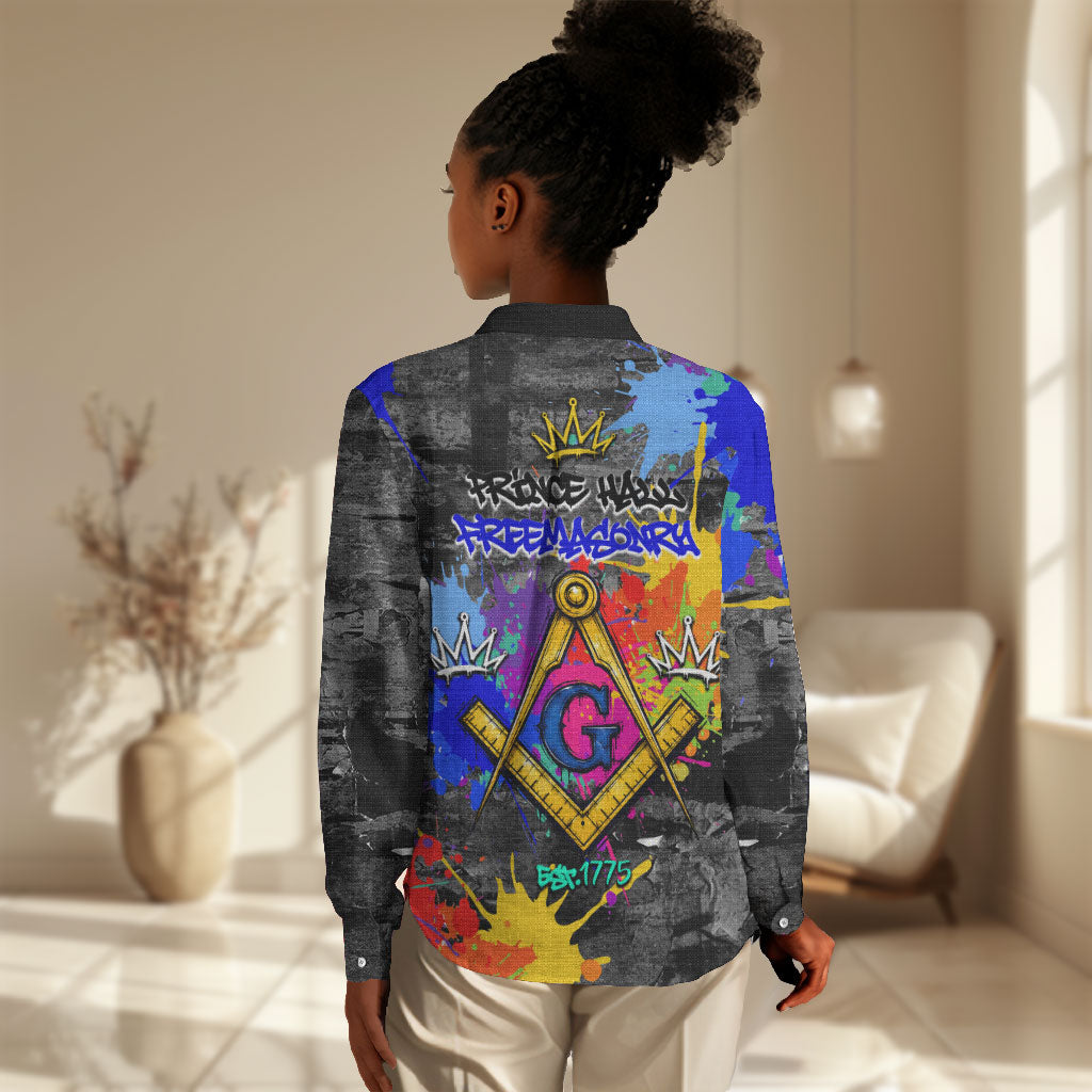 Prince Hall Freemasonry Women Casual Shirt Colorful Graffiti Paint Splatter On Urban Stone Wall