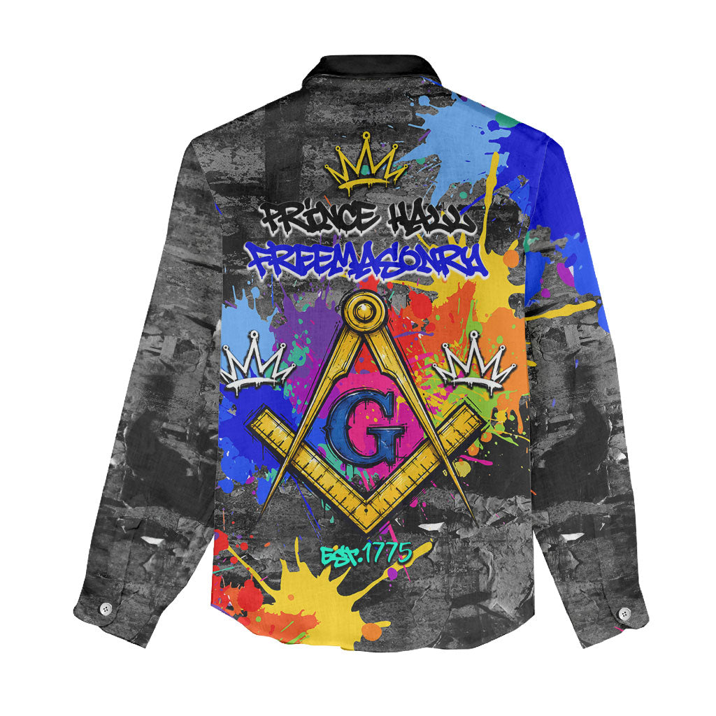 Prince Hall Freemasonry Women Casual Shirt Colorful Graffiti Paint Splatter On Urban Stone Wall