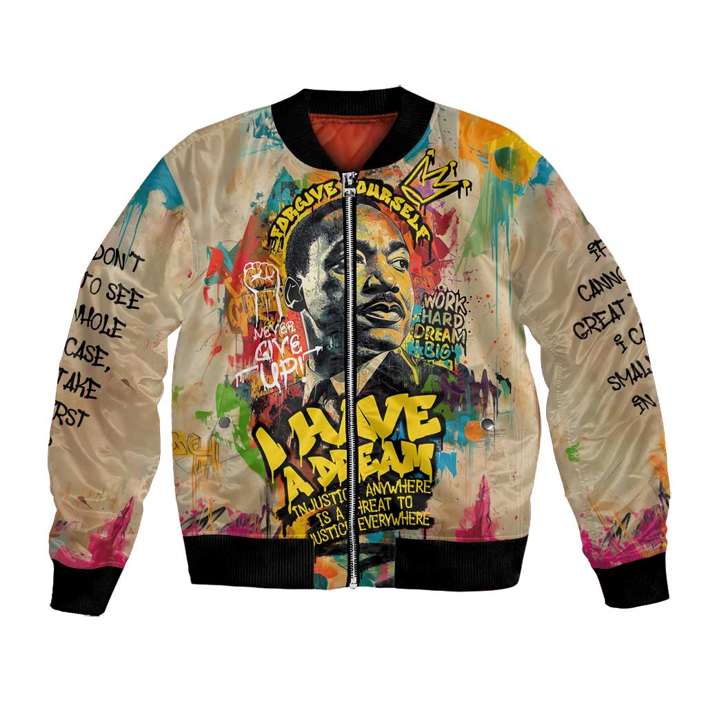Martin Luther King Graffiti Afro Bomber Jacket Colorful Spray Paint Quotes and Crown - African Pride