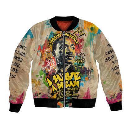 Martin Luther King Graffiti Afro Bomber Jacket Colorful Spray Paint Quotes and Crown - African Pride