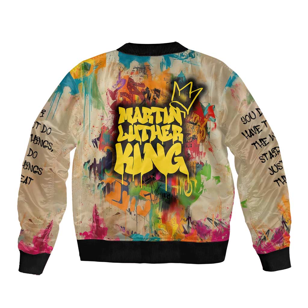 Martin Luther King Graffiti Afro Bomber Jacket Colorful Spray Paint Quotes and Crown - African Pride