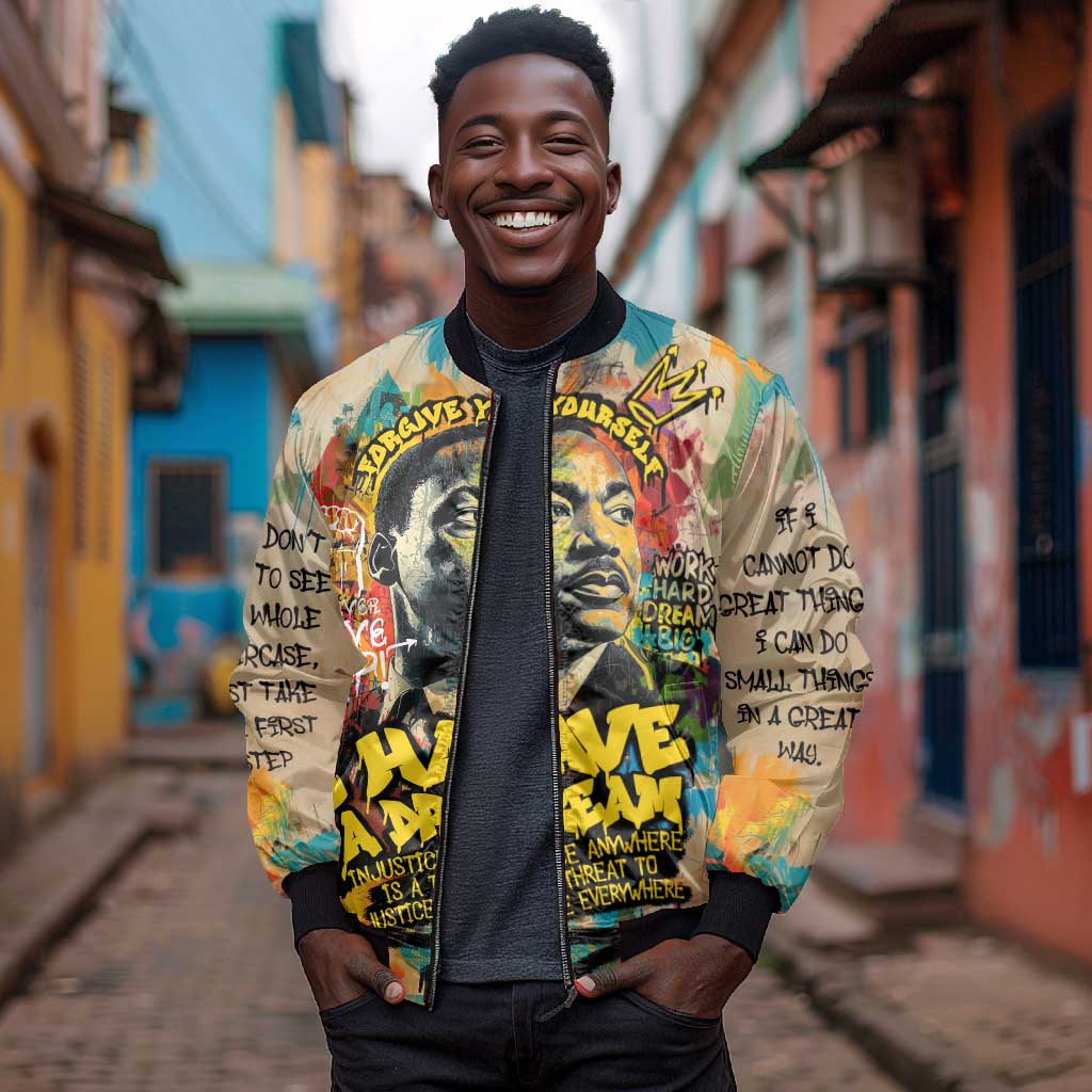 Martin Luther King Graffiti Afro Bomber Jacket Colorful Spray Paint Quotes and Crown - African Pride
