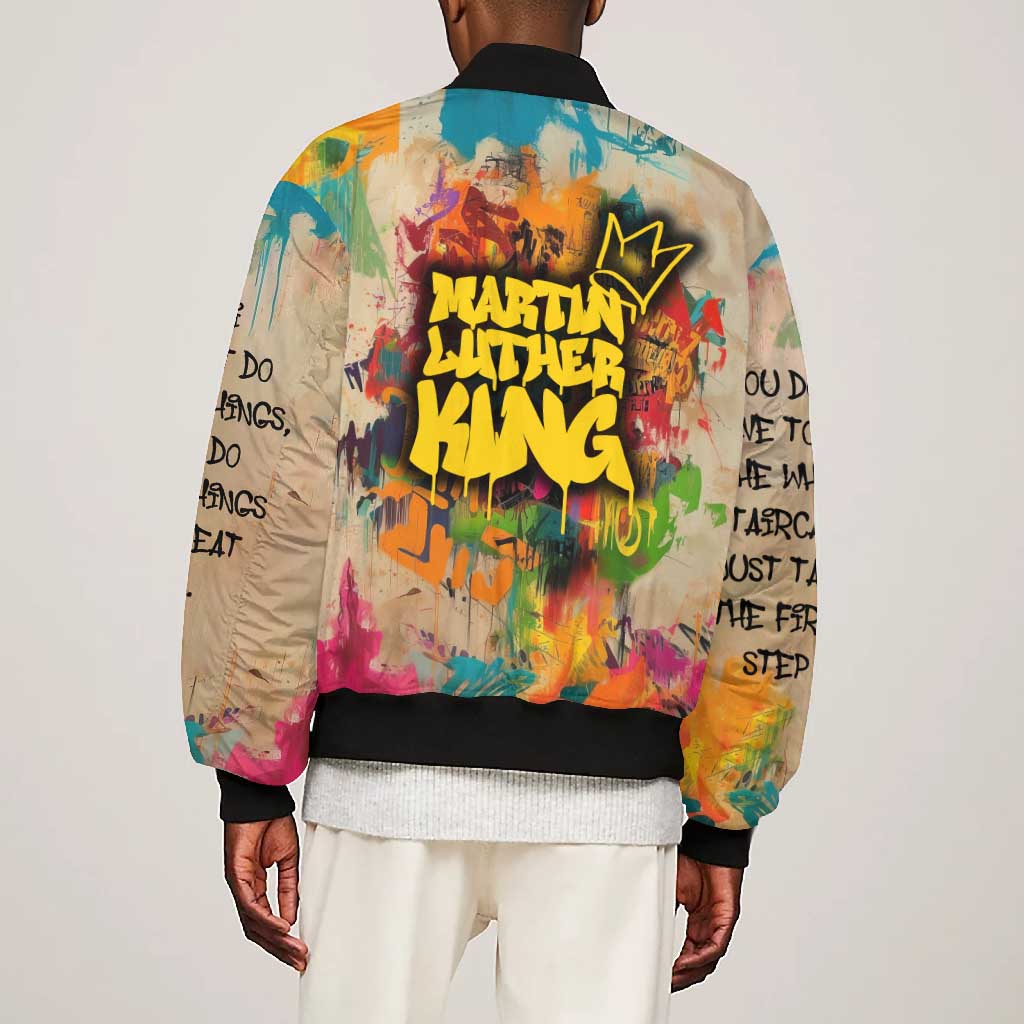 Martin Luther King Graffiti Afro Bomber Jacket Colorful Spray Paint Quotes and Crown - African Pride